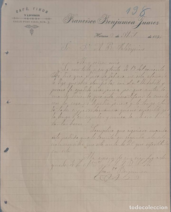 Lettres commerciales: Franc&iacute;sco Benjumea Juarez. Caf&eacute;, vinos y Licores. Herrera. Espa&ntilde;a 1896