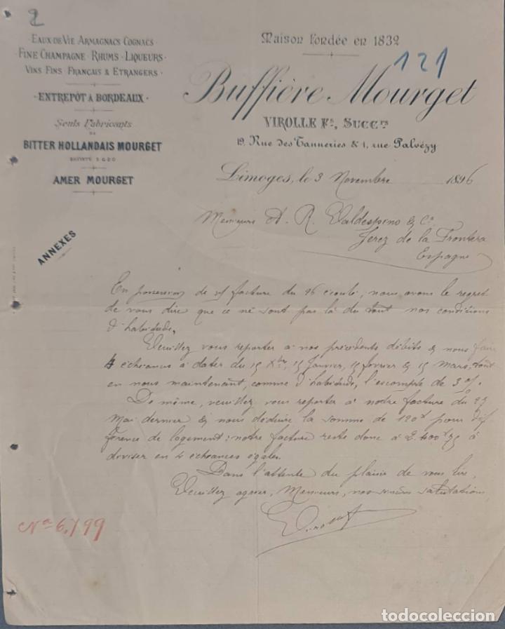 Lettres commerciales: Buffi&eacute;re Mourget. Virolle F. Succ. Entrepot a Bordeaux. Limoges. Francia 1896