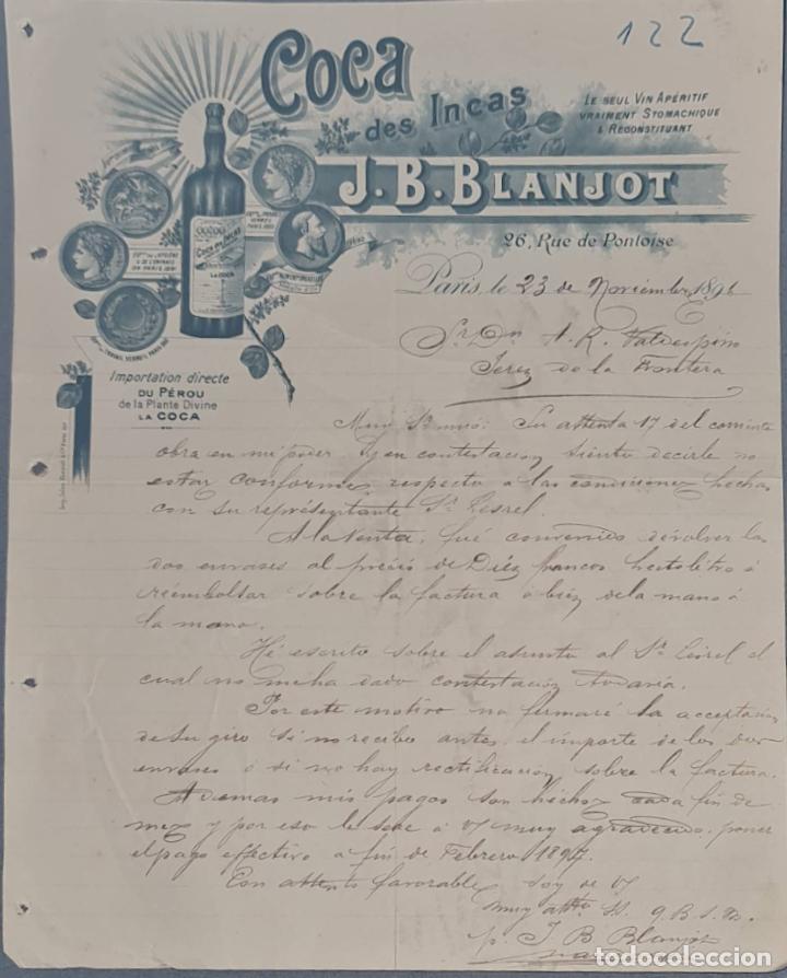 Lettres commerciales: J.B. Blanjot. Importation directe du P&eacute;rou de la Planta Divine La Coca. Par&iacute;s. Francia 1896