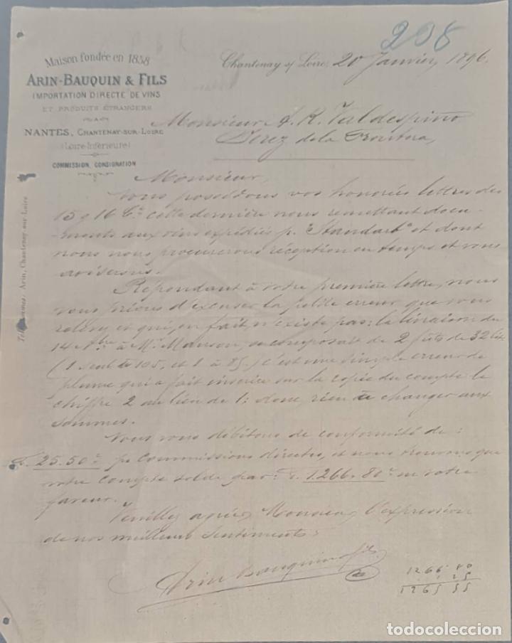 Lettres commerciales: Arin- Bauquin & Fils. Importation Directe de vins. Chantenay of Loire. Francia 1896