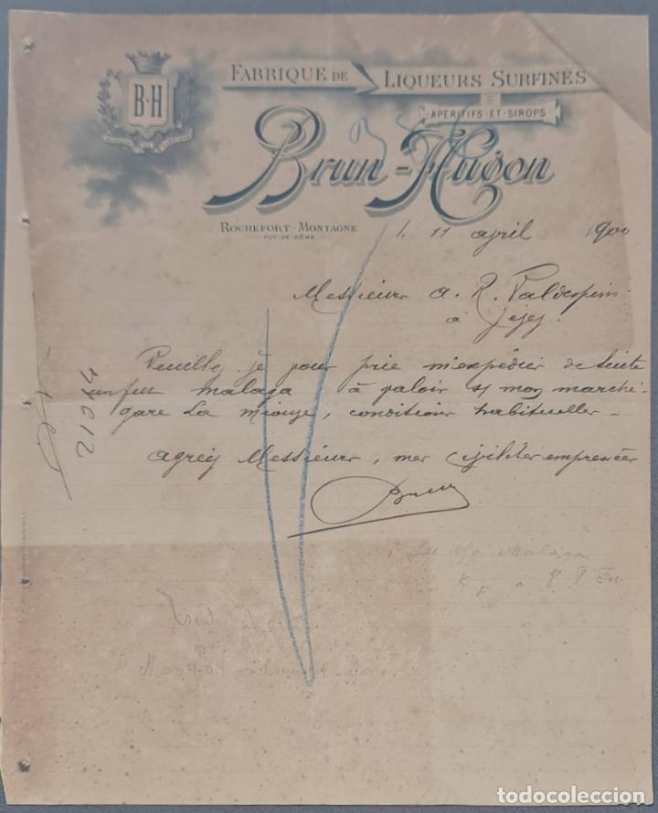 Lettres commerciales: Brun Hugon. Fabrique de liqueurs Surfines. Rochefort- Montagne. Francia 1900