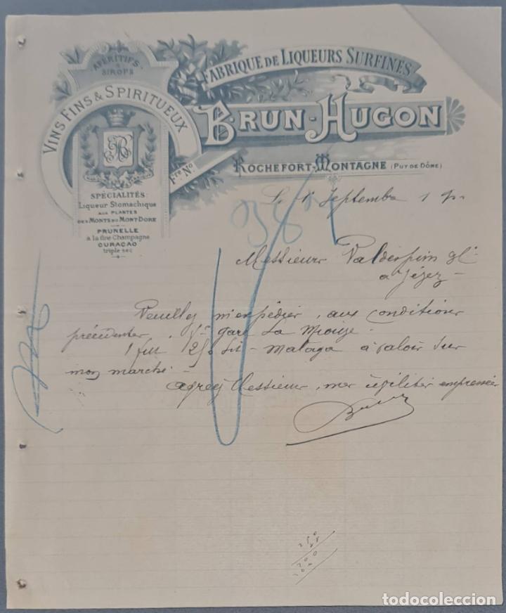 Lettres commerciales: Brun Hugon. Fabrique de liqueurs Surfines. Rochefort- Montagne. Francia 1900