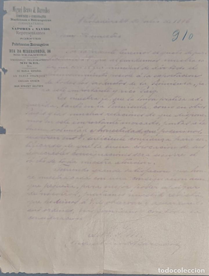 Lettres commerciales: Miguel Bravo & Barcellos. Consignaciones de vapores y nav&iacute;os. R&iacute;o de Janeiro. Brasil 1896