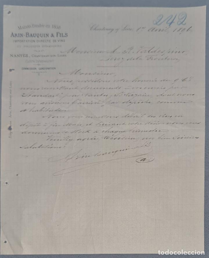 Lettres commerciales: Arin-Bauquin & Fils. Importation Directe de Vins. Chantonay. Francia 1896
