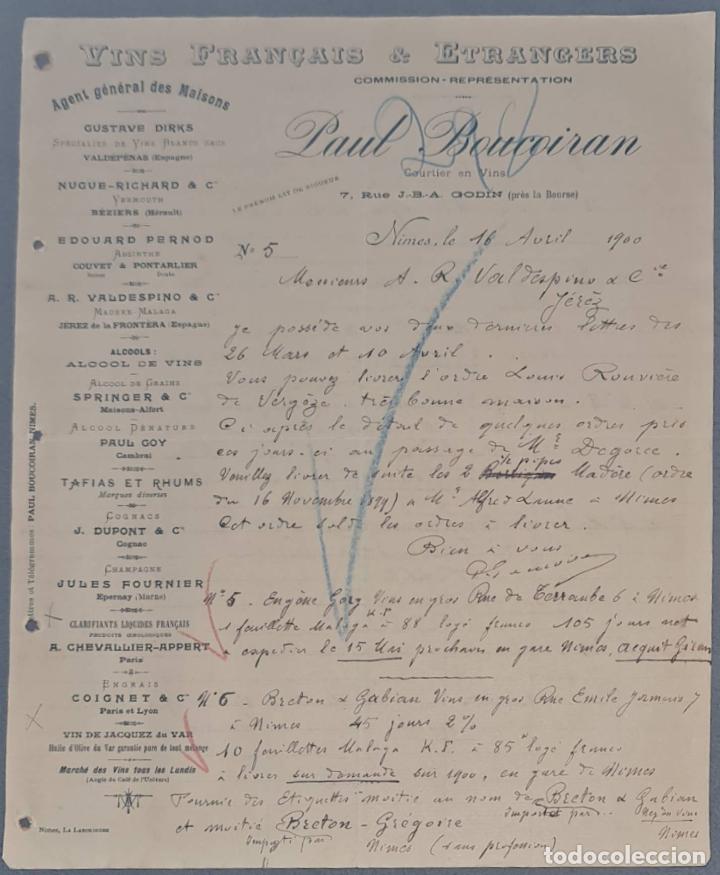 Lettres commerciales: Paul Boucoiran. Vins Fran&ccedil;ais & Etrangers. Nimes. Francia 1900
