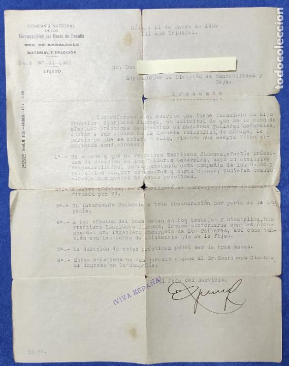 Lettres commerciales: Antigua carta C&iacute;a. Ferrocarriles del Oeste de Espa&ntilde;a. Red de Andaluces . M&aacute;laga Enero 1939