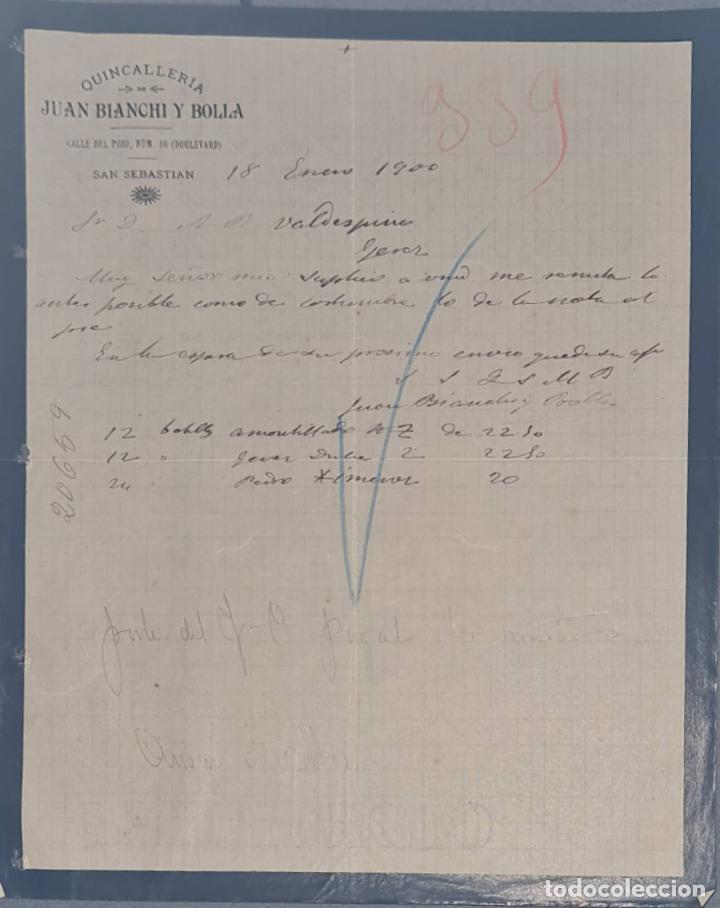 Lettres commerciales: Juan Bianchi y Bolla. Quincaller&iacute;a. San Sebasti&aacute;n. Espa&ntilde;a 1900
