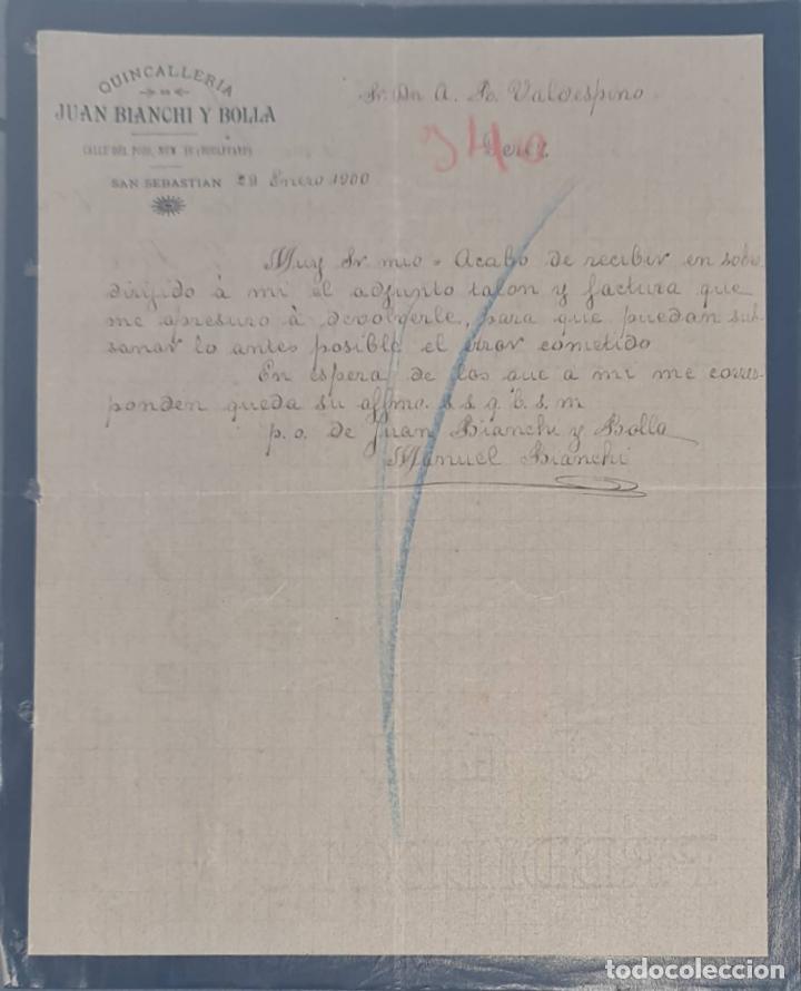 Lettres commerciales: Juan Bianchi y Bolla. Quincaller&iacute;a. San Sebasti&aacute;n. Espa&ntilde;a 1900