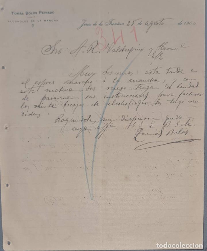 Lettres commerciales: Tom&aacute;s Bol&oacute;s Peinado. Alcoholes de la Mancha. Jerez de la Frontera. Espa&ntilde;a 1900