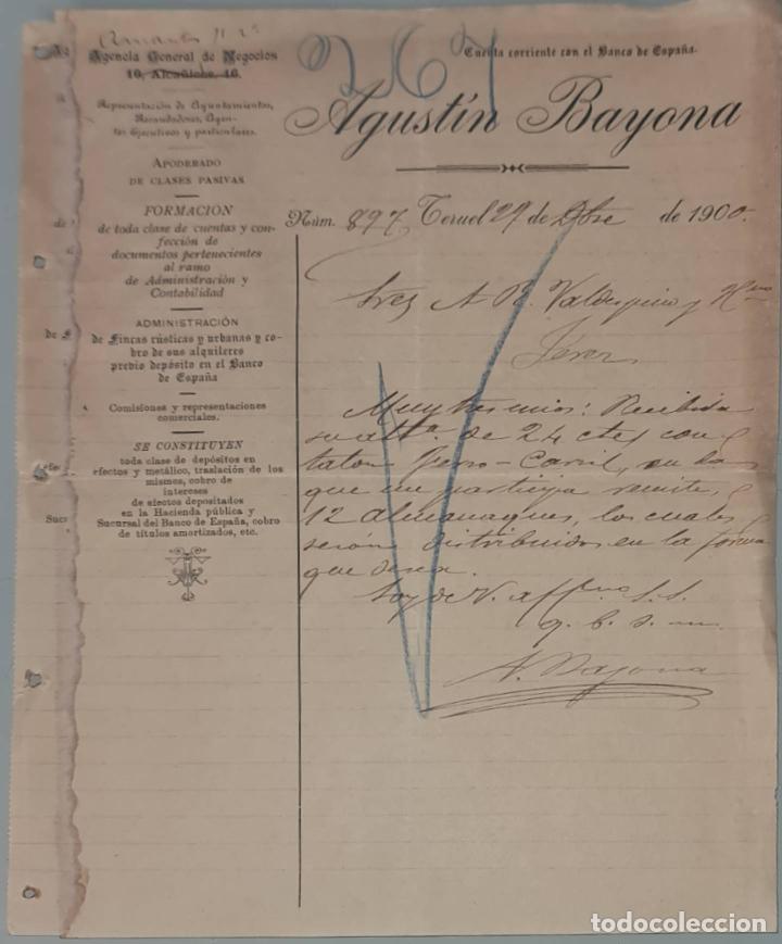 Cartas comerciales: Agust&iacute;n Bayona. Agencia General de Negocios. Teruel. Espa&ntilde;a 1900