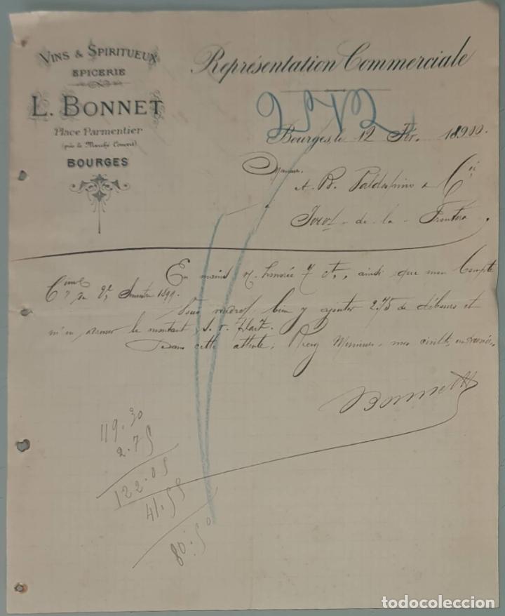 Cartas comerciales: L. Bonnet. Vins & Spiritueux. Epicerie. Vente Exclusive au Commerce de Gres. Bourges. Francia 1900