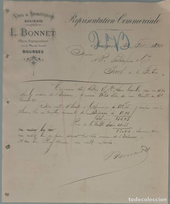 Cartas comerciales: L. Bonnet. Vins & Spiritueux. Epicerie. Vente Exclusive au Commerce de Gres. Bourges. Francia 1900