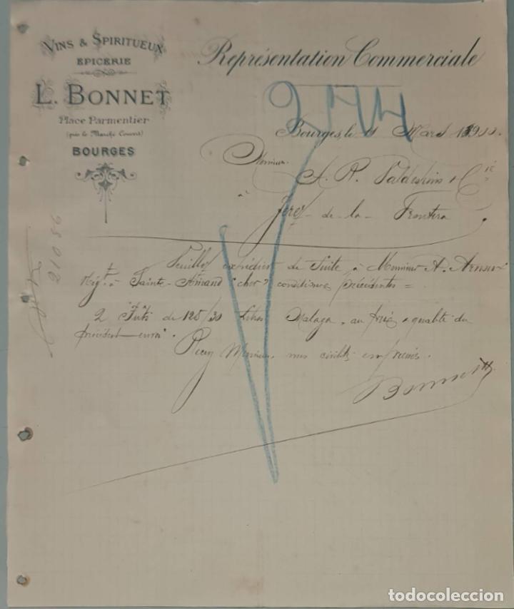 Cartas comerciales: L. Bonnet. Vins & Spiritueux. Epicerie. Vente Exclusive au Commerce de Gres. Bourges. Francia 1900