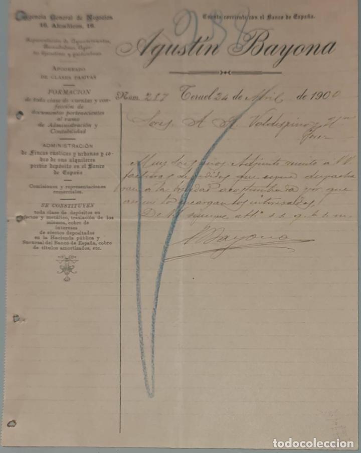 Cartas comerciais: Agust&iacute;n Bayona. Agencia General de Negocios. Teruel. Espa&ntilde;a 1900