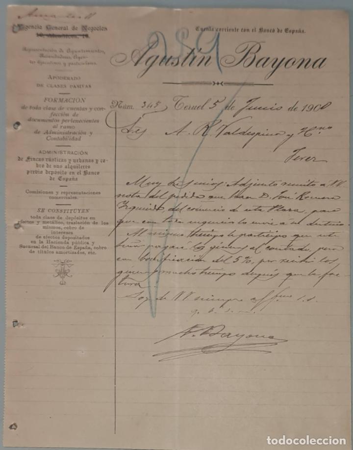 Cartas comerciais: Agust&iacute;n Bayona. Agencia General de Negocios. Teruel. Espa&ntilde;a 1900