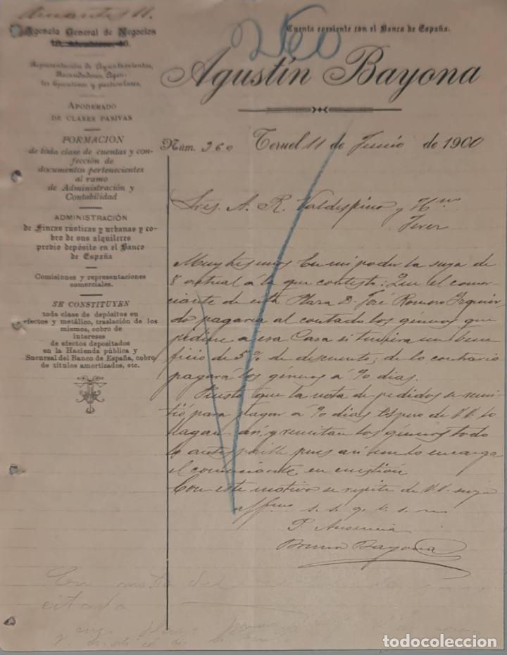Cartas comerciais: Agust&iacute;n Bayona. Agencia General de Negocios. Teruel. Espa&ntilde;a 1900