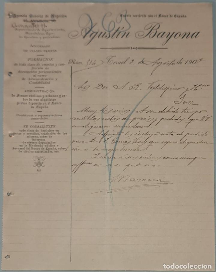 Cartas comerciais: Agust&iacute;n Bayona. Agencia General de Negocios. Teruel. Espa&ntilde;a 1900