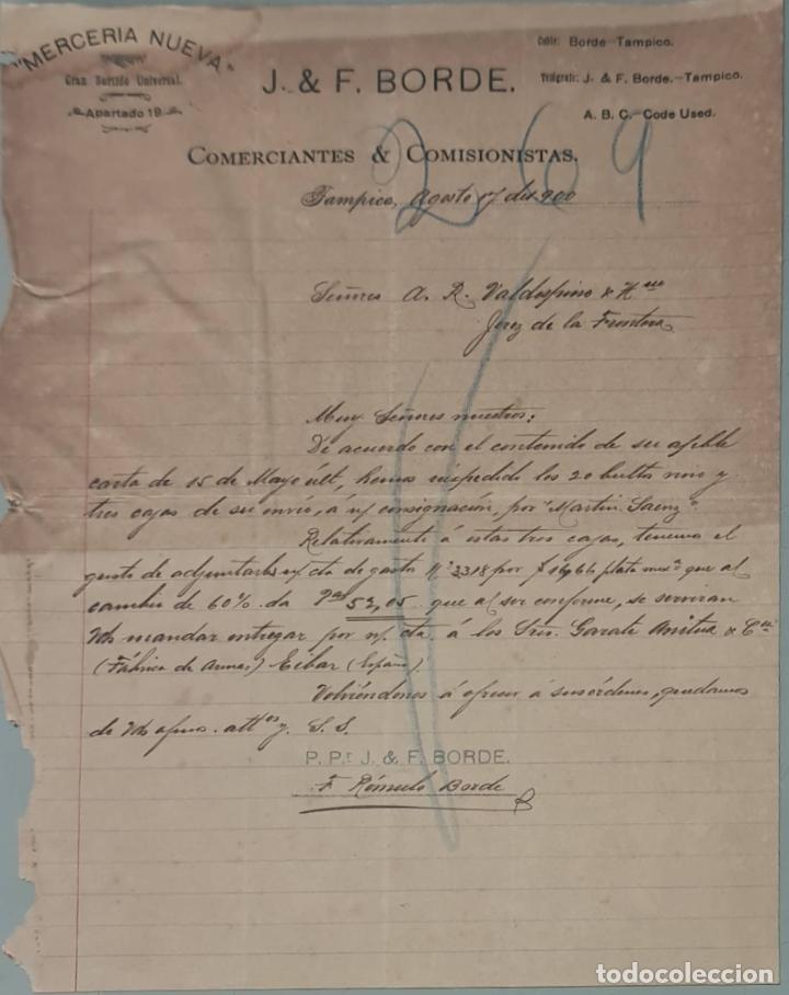 Cartas comerciais: J & F. Borde. Mercer&iacute;a Nueva. Comerciantes y Comision&iacute;stas. Tampico. M&eacute;xico 1900