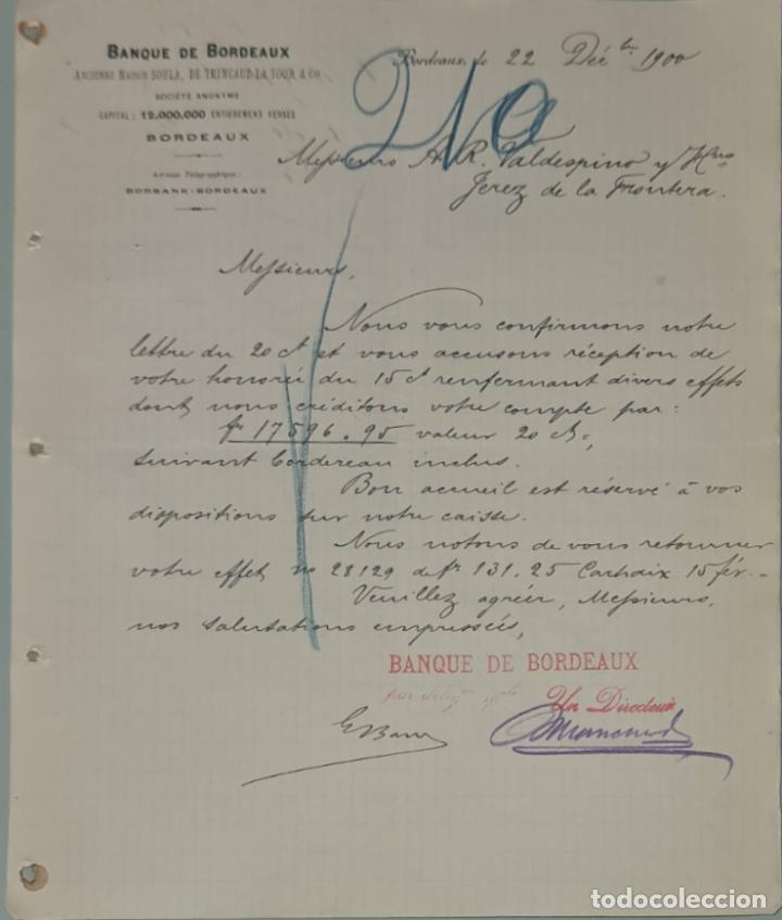 Cartas comerciais: Banque de Bordeaux. Ancienne Maison Soula, de Trincaud La Tour & C&iacute;e. Bordeaux. Francia 1900