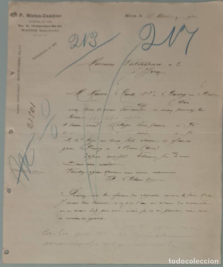 Cartas comerciais: P. Bleton-Combier. Courtier en vins. Macon. Francia 1900