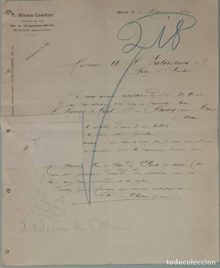 Cartas comerciais: P. Bleton-Combier. Courtier en vins. Macon. Francia 1900