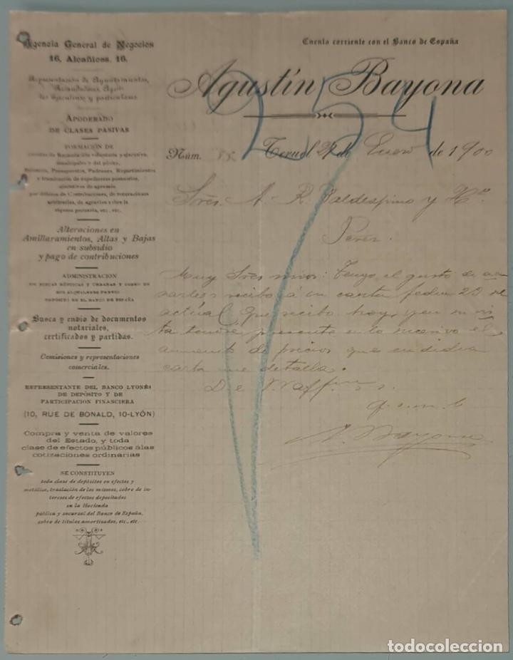 Cartas comerciais: Agust&iacute;n Bayona. Agencia General de Negocios. Teruel. Espa&ntilde;a 1900
