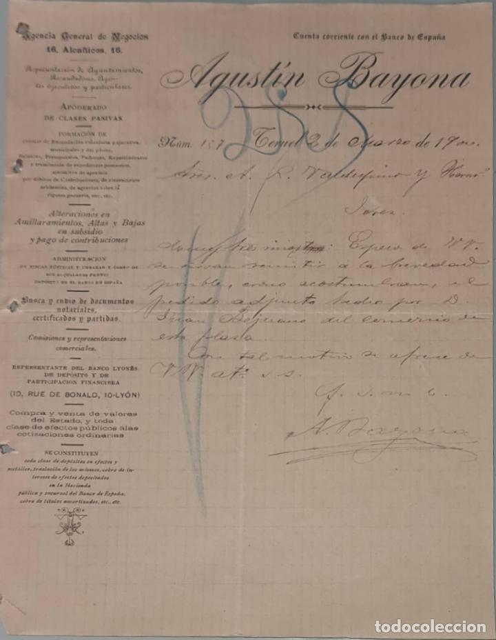 Cartas comerciais: Agust&iacute;n Bayona. Agencia General de Negocios. Teruel. Espa&ntilde;a 1900