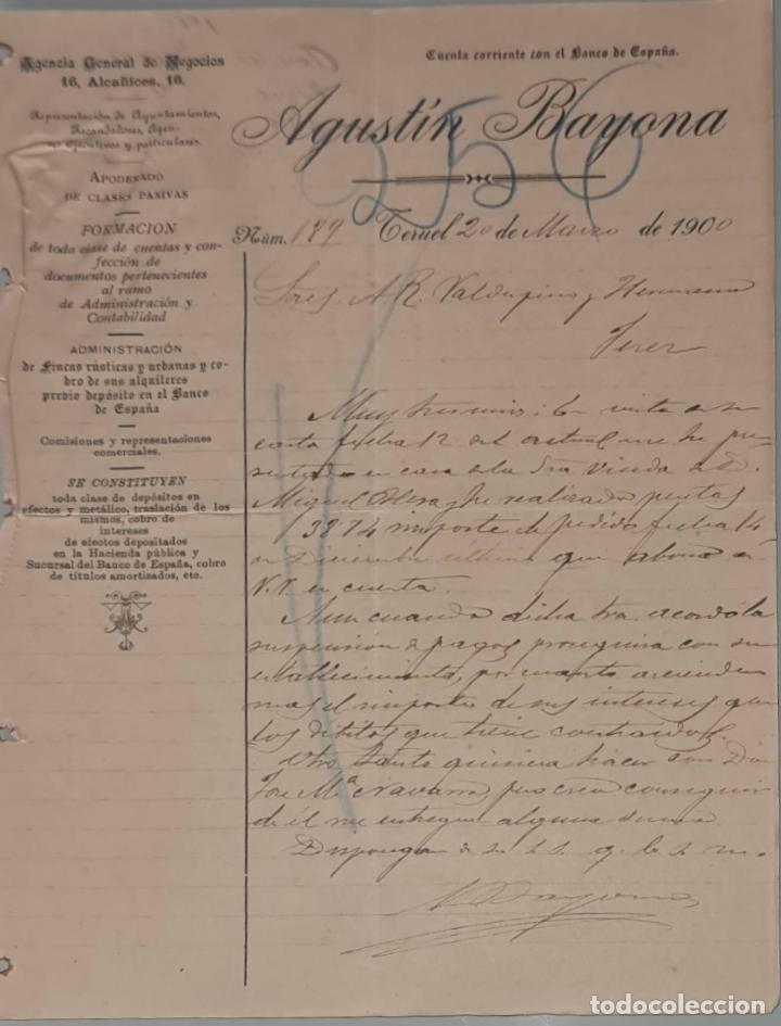 Cartas comerciais: Agust&iacute;n Bayona. Agencia General de Negocios. Teruel. Espa&ntilde;a 1900