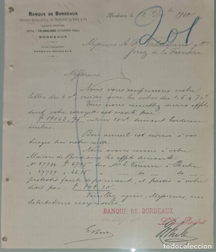 Cartas comerciais: Banque de Bordeaux. Ancienne Maison Soula, de Trincaud La Tour & C&iacute;e. Bordeaux. Francia 1900