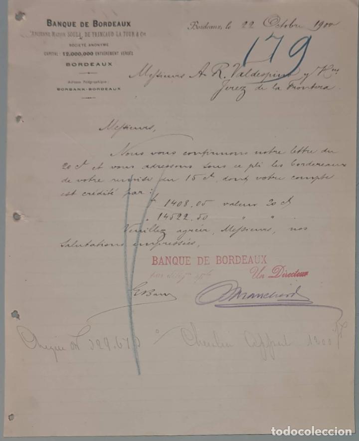 Cartas comerciais: Banque de Bordeaux. Ancienne Maison Soula, de Trincaud La Tour & C&iacute;e. Bordeaux. Francia 1900