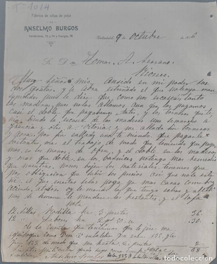 Cartas comerciais: Anselmo Burgos. F&aacute;brica de sillas de paja. Valladolid. Espa&ntilde;a 1916