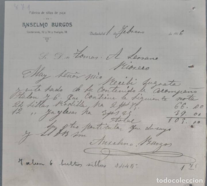 Cartas comerciais: Anselmo Burgos. F&aacute;brica de sillas de paja. Valladolid. Espa&ntilde;a 1916