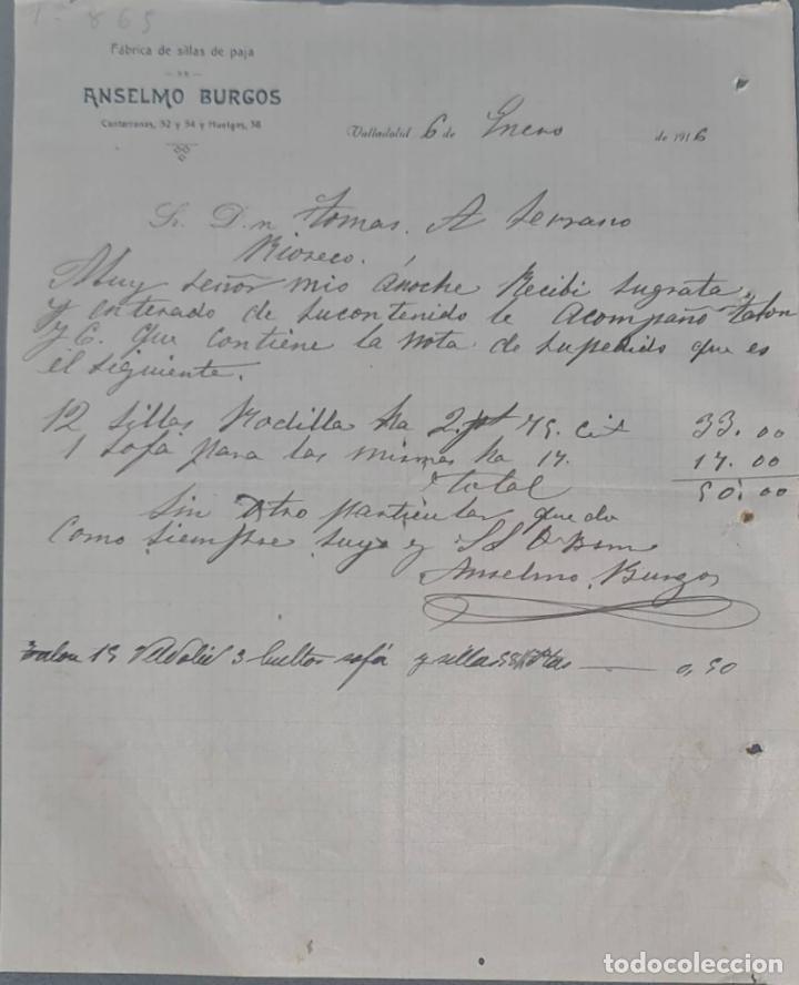 Cartas comerciais: Anselmo Burgos. F&aacute;brica de sillas de paja. Valladolid. Espa&ntilde;a 1916