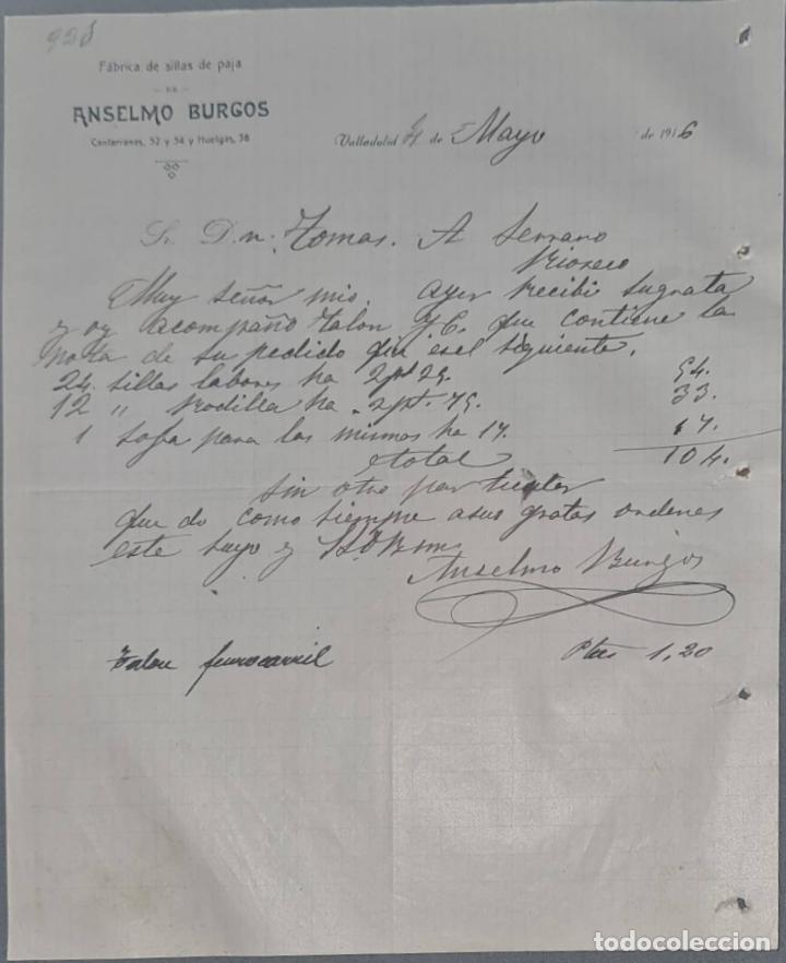 Cartas comerciais: Anselmo Burgos. F&aacute;brica de sillas de paja. Valladolid. Espa&ntilde;a 1916