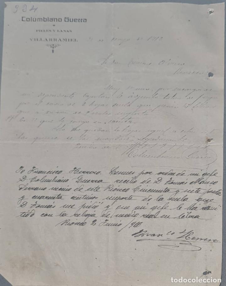 Cartas comerciais: Columbiano Guerra. Pieles y lanas. Villarramiel. Espa&ntilde;a 1916