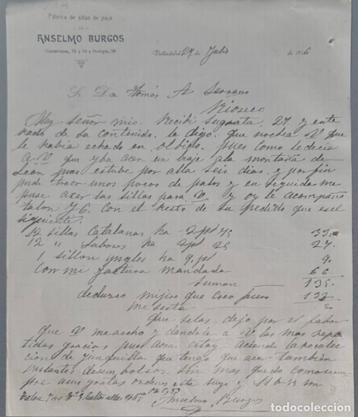 Cartas comerciais: Anselmo Burgos. F&aacute;brica de sillas de paja. Valladolid. Espa&ntilde;a 1916