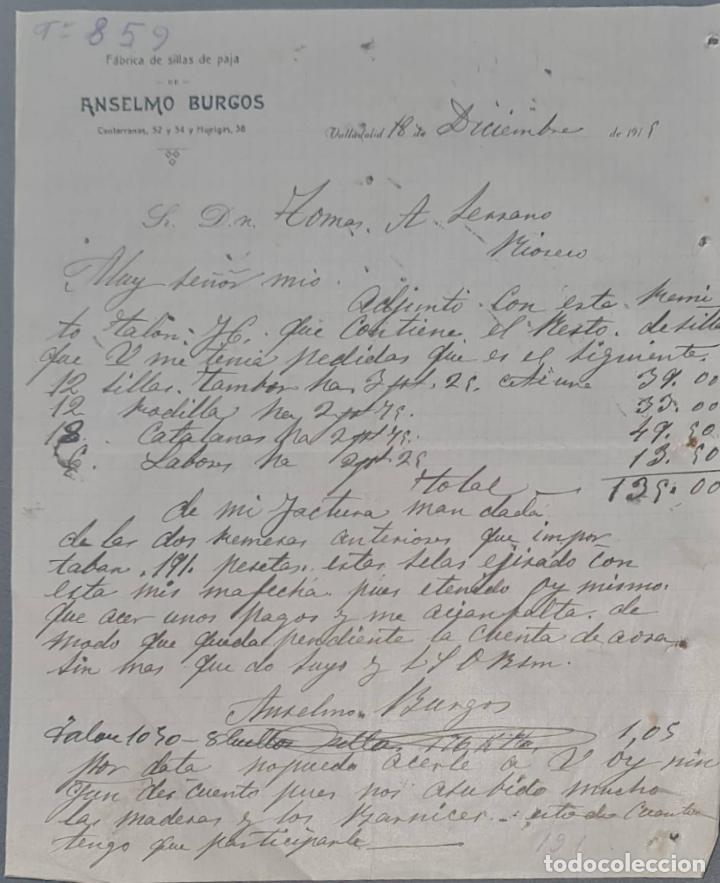 Cartas comerciais: Anselmo Burgos. F&aacute;brica de sillas de paja. Valladolid. Espa&ntilde;a 1915