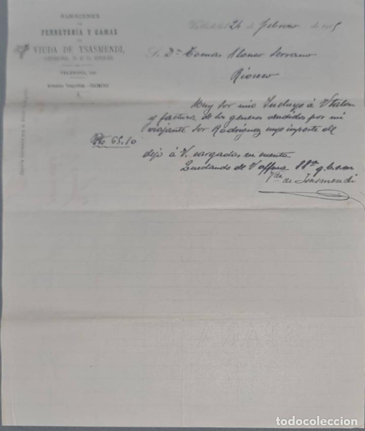 Cartas comerciais: Viuda de Ysasmendi. Almacenes de Ferreter&iacute;a y camas. Valladolid. Espa&ntilde;a 1905