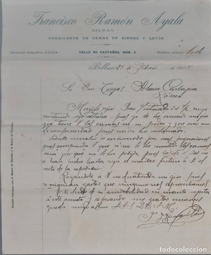 Cartas comerciais: Franc&iacute;sco Ram&oacute;n Ayala. Fabricante de camas de hierro y lat&oacute;n. Bilbao. Espa&ntilde;a 1905