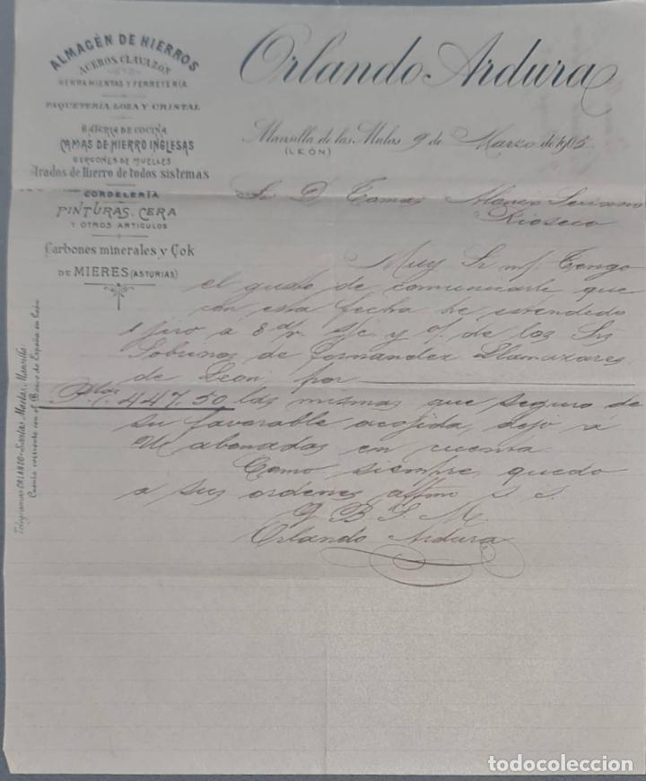 Cartas comerciais: Orlando Ardura. Almac&eacute;n de hierros. Herramientas y Ferreter&iacute;a. Le&oacute;n. Espa&ntilde;a 1905