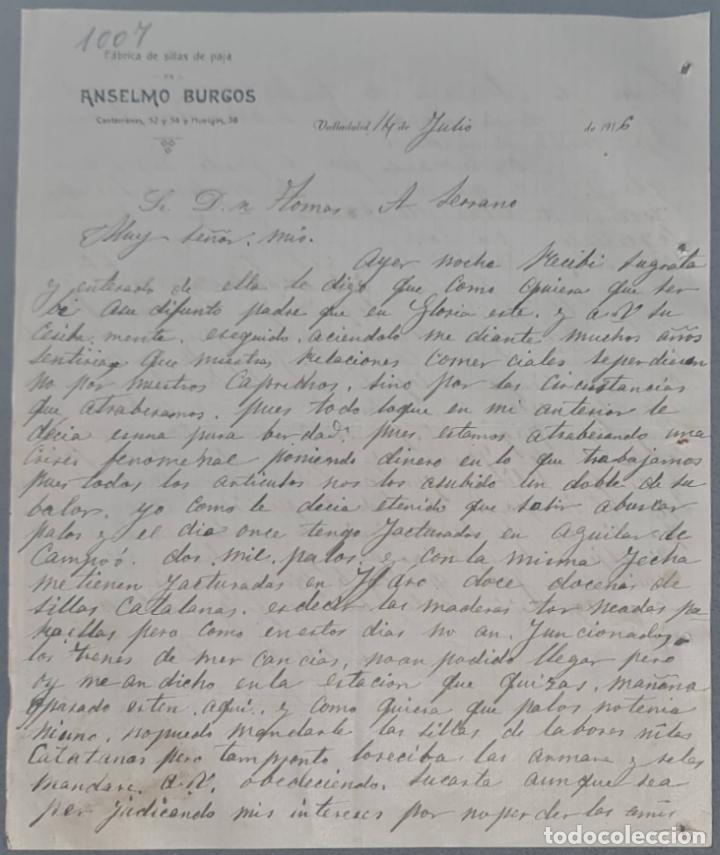 Cartas comerciais: Anselmo Burgos. F&aacute;brica de sillas de paja. Valladolid. Espa&ntilde;a 1916