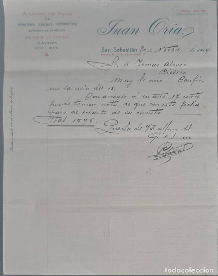Cartas comerciais: Juan Oria. Almac&eacute;n por mayor de Ferreter&iacute;a, Quincalla y Herramientas. San Sebasti&aacute;n. Espa&ntilde;a 1914