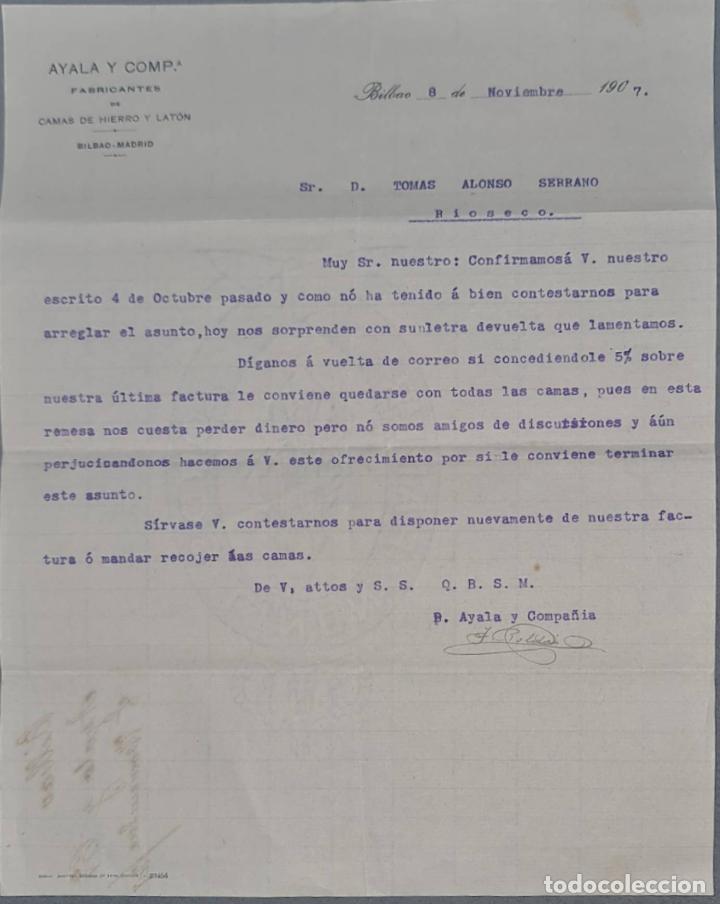 Cartas comerciais: Ayala y Comp. Fabricantes de camas de hierro y lat&oacute;n. Bilbao. Espa&ntilde;a 1907