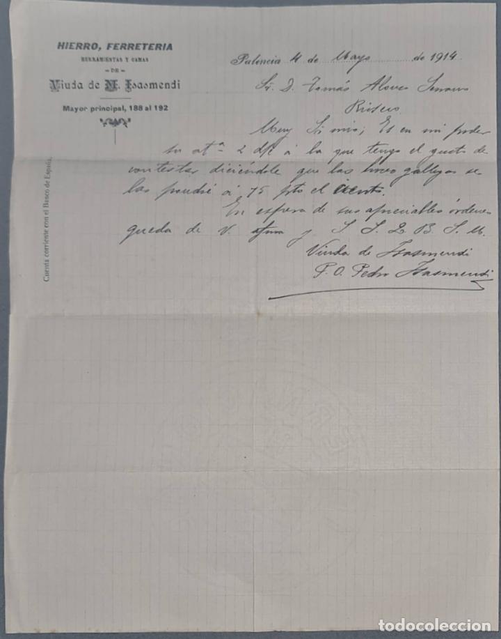 Cartas comerciais: Viuda de M. Isasmendi. Hierro y Ferreter&iacute;a. Palencia. Espa&ntilde;a 1914
