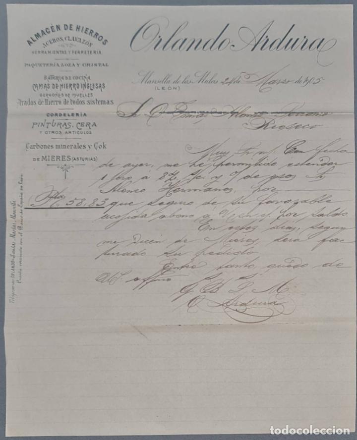 Cartas comerciais: Orlando Ardura. Almac&eacute;n de hierros. Herramientas y Ferreter&iacute;a. Le&oacute;n. Espa&ntilde;a 1905