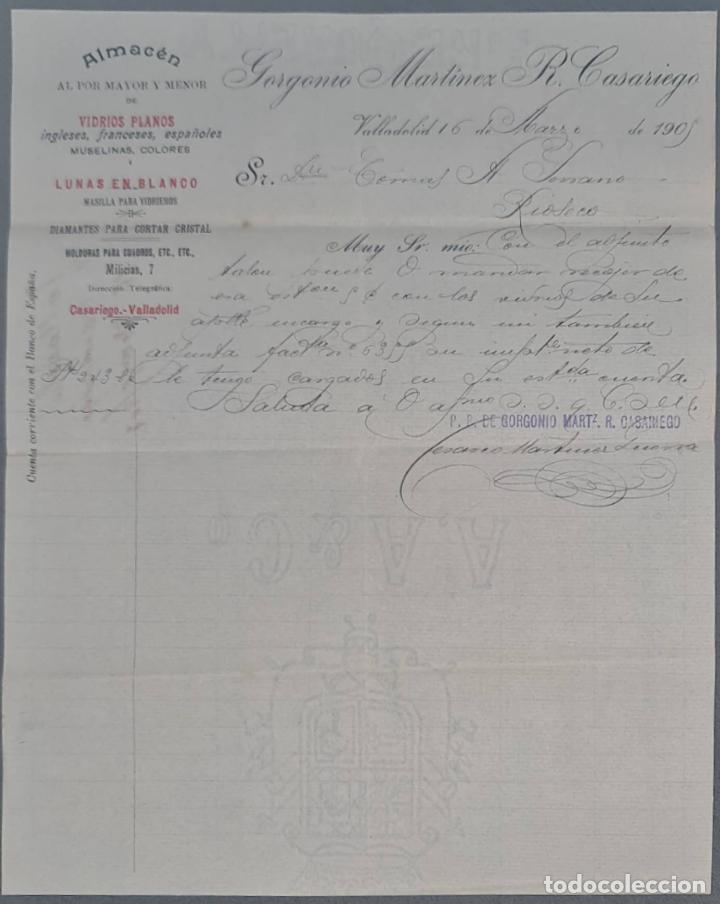 Cartas comerciais: Gorgonio Mart&iacute;nez R. Casariego. Almac&eacute;n al por mayor y menor de vidrios planos. Valladolid 1905