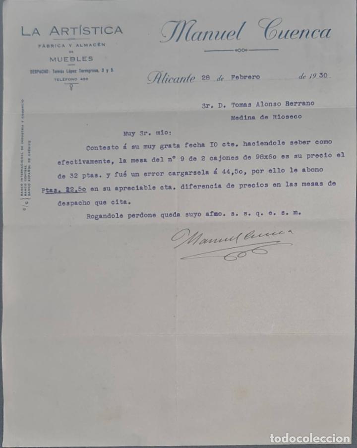 Cartas comerciais: Manuel Cuenca. La Art&iacute;stica. F&aacute;brica y Almac&eacute;n de muebles. Alicante. Espa&ntilde;a 1930