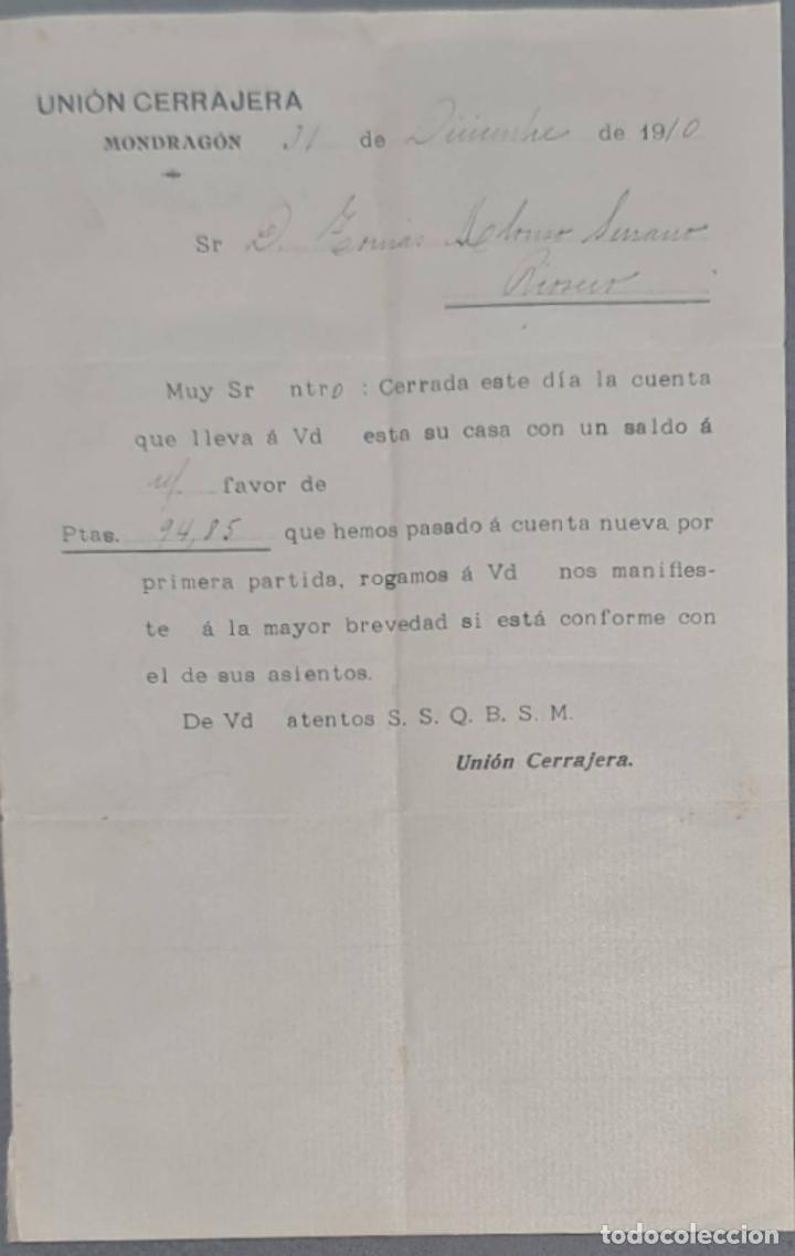 Cartas comerciais: Uni&oacute;n Cerrajera. Mondrag&oacute;n. Espa&ntilde;a 1910