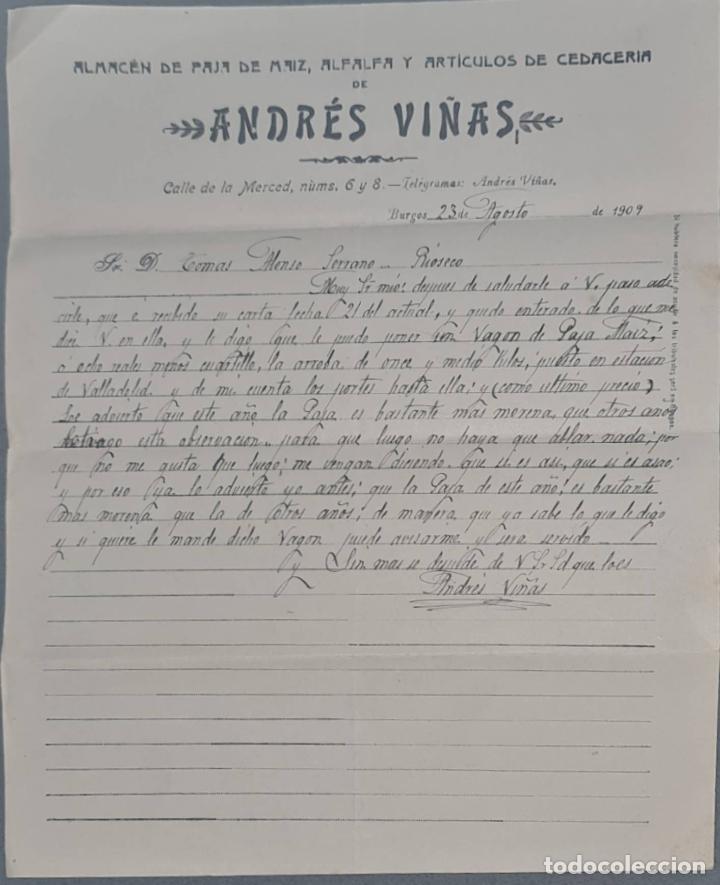 Cartas comerciais: Andr&eacute;s Vi&ntilde;as. Almac&eacute;n de paja, alfalfa y art&iacute;culos de cedacer&iacute;a. Burgos. Espa&ntilde;a 1909