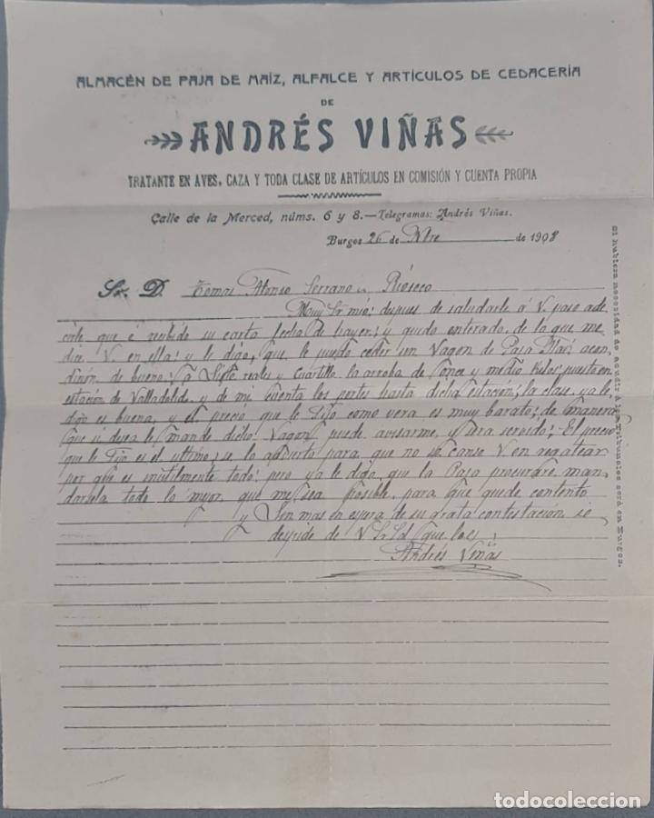 Cartas comerciais: Andr&eacute;s Vi&ntilde;as. Almac&eacute;n de paja, alfalfa y art&iacute;culos de cedacer&iacute;a. Burgos. Espa&ntilde;a 1908